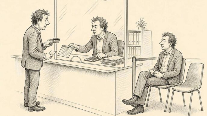 A single-panel cartoon in a Dutch office lobby: one man appears three times, as borrower, creditor clerk behind glass, and waiting director, turning a friendly BV loan into a bureaucratic counter visit.