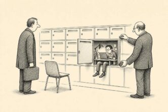 A wall of mailboxes in an office corridor. One mailbox contains a cramped miniature office with the entrepreneur wedged inside, while an inspector measures it and a visitor stands outside with nowhere to sit.