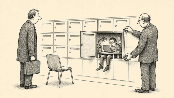 A wall of mailboxes in an office corridor. One mailbox contains a cramped miniature office with the entrepreneur wedged inside, while an inspector measures it and a visitor stands outside with nowhere to sit.