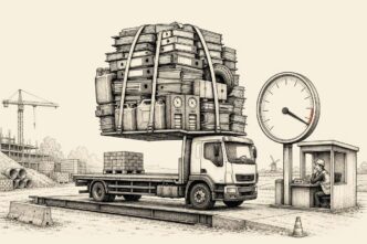 A Dutch freight truck on a yard weighbridge carries a tiny pallet of bricks, but an enormous stack of blank administrative folders, clocks and fuel cans on its roof bends the suspension and overloads the scale.