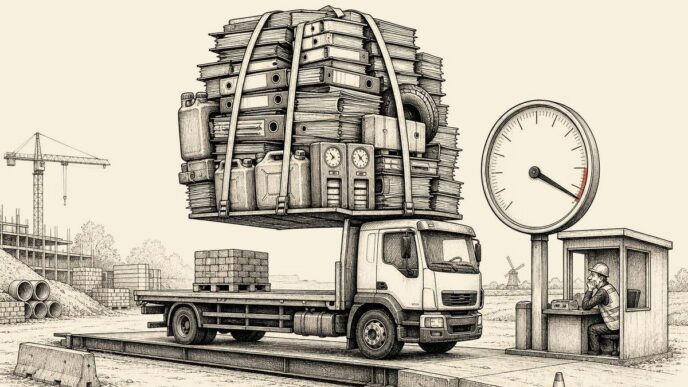 A Dutch freight truck on a yard weighbridge carries a tiny pallet of bricks, but an enormous stack of blank administrative folders, clocks and fuel cans on its roof bends the suspension and overloads the scale.