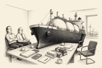 A restrained office-boardroom scene in a small Dutch manufacturing firm. A huge LNG tanker occupies the main chair at the conference table, dwarfing the owner and accountant, who sit with ledgers and invoices. No text appears inside the