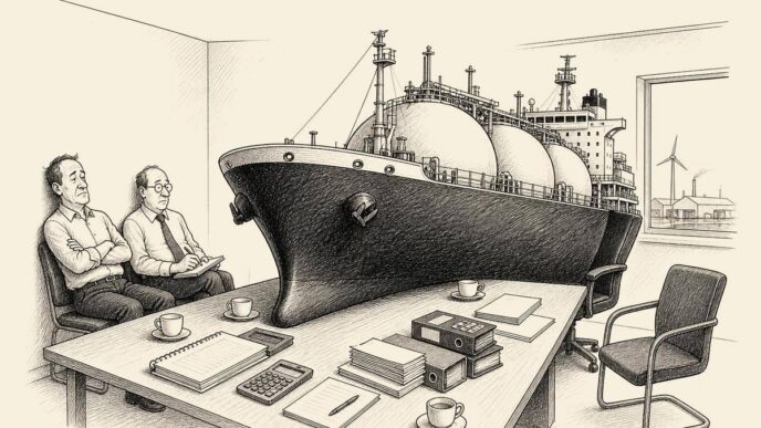 A restrained office-boardroom scene in a small Dutch manufacturing firm. A huge LNG tanker occupies the main chair at the conference table, dwarfing the owner and accountant, who sit with ledgers and invoices. No text appears inside the