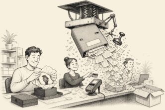 A calm online retail office is wrapping a luxury watch order. When a card payment is made, an absurd machine overhead drops a giant compliance folder and a shower of forms onto the desk.
