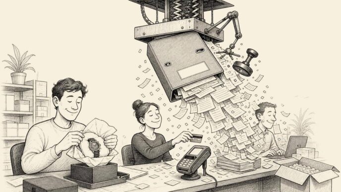 A calm online retail office is wrapping a luxury watch order. When a card payment is made, an absurd machine overhead drops a giant compliance folder and a shower of forms onto the desk.