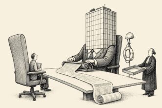 A tiny self-employed business owner faces a giant office-tower-like corporate executive across a boardroom table while endless contract terms roll toward them and a clerk waits for evidence.