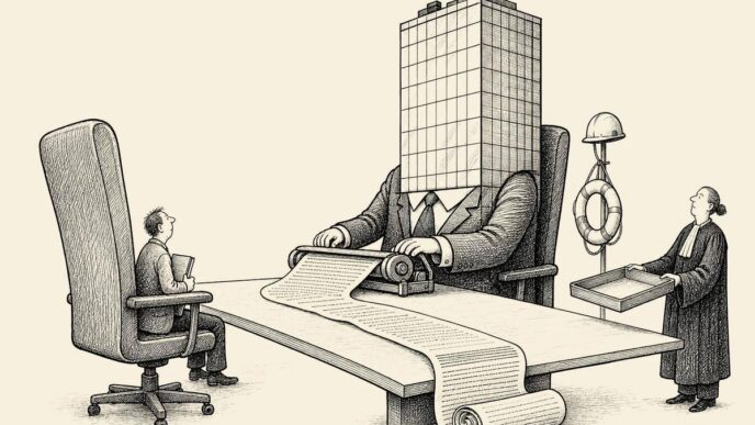 A tiny self-employed business owner faces a giant office-tower-like corporate executive across a boardroom table while endless contract terms roll toward them and a clerk waits for evidence.