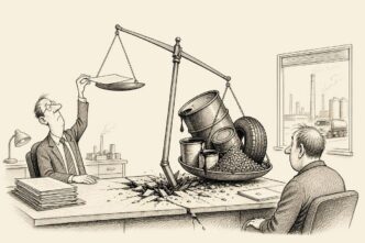 A customer in a factory office presents a small old quote on a balance scale. The supplier’s side is overloaded with an oil barrel, coating tins, a truck tyre and plastic pellets, breaking the desk and lifting the quote high into the air.