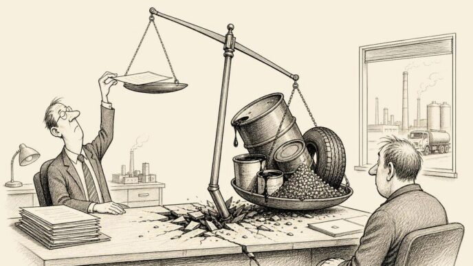 A customer in a factory office presents a small old quote on a balance scale. The supplier’s side is overloaded with an oil barrel, coating tins, a truck tyre and plastic pellets, breaking the desk and lifting the quote high into the air.
