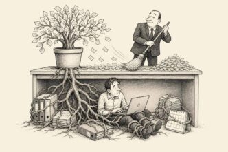 A founder sits at a cramped office desk while a government official trims leaves from a giant rulebook plant. The roots still wrap around the founder’s files, laptop and feet.