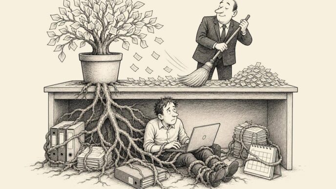 A founder sits at a cramped office desk while a government official trims leaves from a giant rulebook plant. The roots still wrap around the founder’s files, laptop and feet.