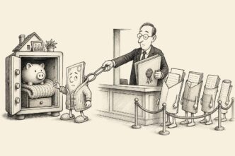 A private payout dressed like a retired saver is prevented from entering a cosy savings safe and is redirected by a tax clerk toward a line of payroll documents.