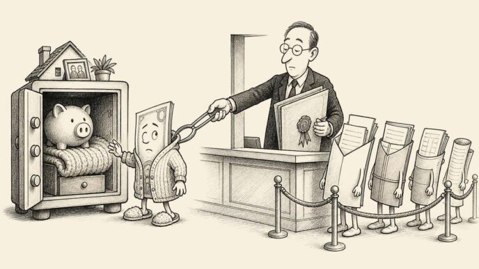 A private payout dressed like a retired saver is prevented from entering a cosy savings safe and is redirected by a tax clerk toward a line of payroll documents.