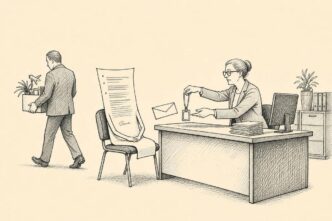 A payroll office with files and institutional furniture. A large sheet of contract paper sits in a chair like a person receiving a salary envelope and staff badge from HR. In the background, the departing employee walks out with a box