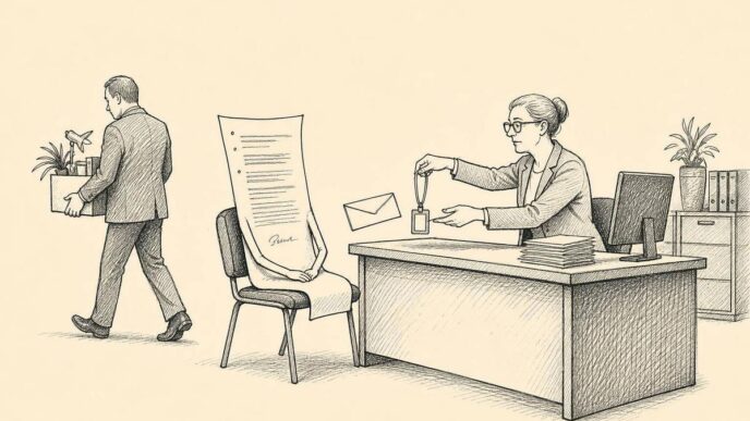 A payroll office with files and institutional furniture. A large sheet of contract paper sits in a chair like a person receiving a salary envelope and staff badge from HR. In the background, the departing employee walks out with a box