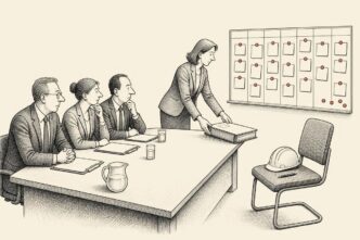A small Dutch technical firm conducts a formal job interview with an empty chair wearing a safety helmet, while a crowded planning board shows delayed work without using any readable text.