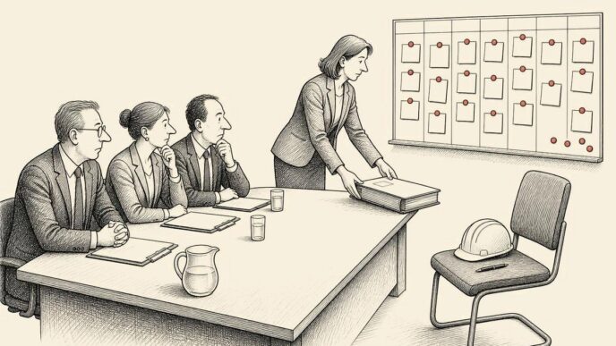 A small Dutch technical firm conducts a formal job interview with an empty chair wearing a safety helmet, while a crowded planning board shows delayed work without using any readable text.