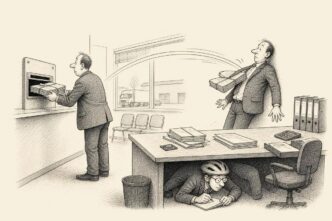 A Dutch transport-office director is struck by a boomerang-shaped annual account returning from a public filing slot, while an accountant ducks under a desk in a helmet.