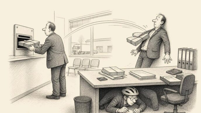A Dutch transport-office director is struck by a boomerang-shaped annual account returning from a public filing slot, while an accountant ducks under a desk in a helmet.