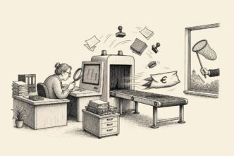 A Dutch small-business office has an improvised airport-style scanner for payments. A euro envelope has already blasted through it while the bookkeeper is still inspecting the screen, and a waiting hand outside catches it.