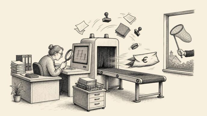 A Dutch small-business office has an improvised airport-style scanner for payments. A euro envelope has already blasted through it while the bookkeeper is still inspecting the screen, and a waiting hand outside catches it.