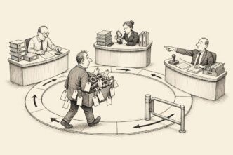 A Dutch municipal service hall with institutional furniture. A small entrepreneur carrying reused metal follows a circular route between several counters, accumulating blank tags and stamps while being directed back to the start.