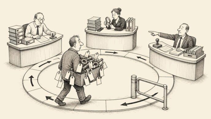 A Dutch municipal service hall with institutional furniture. A small entrepreneur carrying reused metal follows a circular route between several counters, accumulating blank tags and stamps while being directed back to the start.