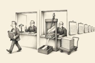 A Dutch founder with a bank loan file passes from a tidy bank desk to a tax counter, where a tax official slices most of the file off and sends it toward future calendars.