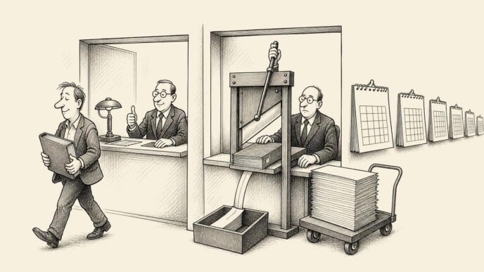 A Dutch founder with a bank loan file passes from a tidy bank desk to a tax counter, where a tax official slices most of the file off and sends it toward future calendars.