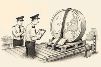 A Dutch customs warehouse scene with a conveyor belt, a tiny padded parcel, and an oversized euro coin tied to a wooden pallet. Customs officers examine the coin with solemn administrative attention. No text appears inside the drawing.