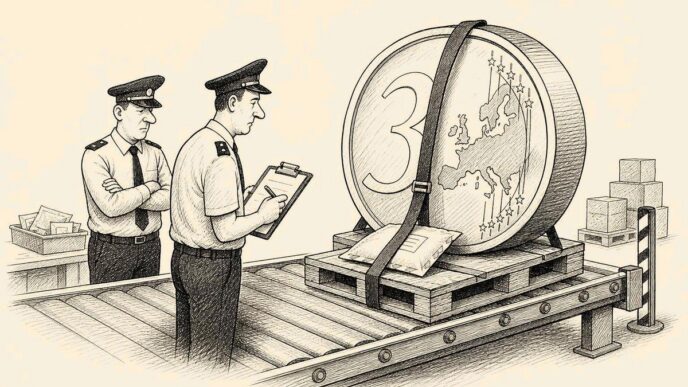 A Dutch customs warehouse scene with a conveyor belt, a tiny padded parcel, and an oversized euro coin tied to a wooden pallet. Customs officers examine the coin with solemn administrative attention. No text appears inside the drawing.