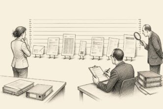 Single-panel cartoon in a plain institutional room. Documents and envelopes are arranged like suspects in a police line-up. A founder studies them anxiously while an inspector and compliance officer observe. The visual joke is that tax