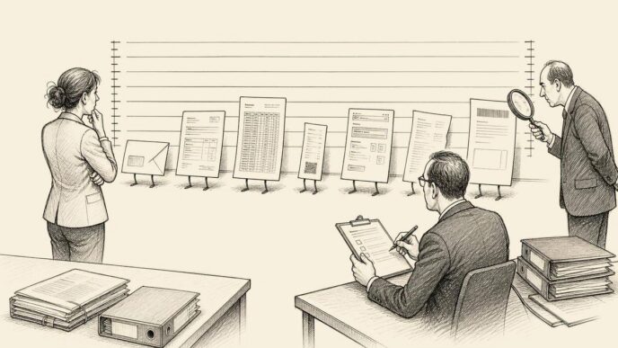 Single-panel cartoon in a plain institutional room. Documents and envelopes are arranged like suspects in a police line-up. A founder studies them anxiously while an inspector and compliance officer observe. The visual joke is that tax