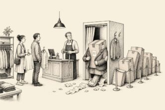 A small clothing shop has parcels queuing for the changing room like customers. One parcel comes out wearing a jacket while the shopkeeper and real shoppers wait awkwardly.