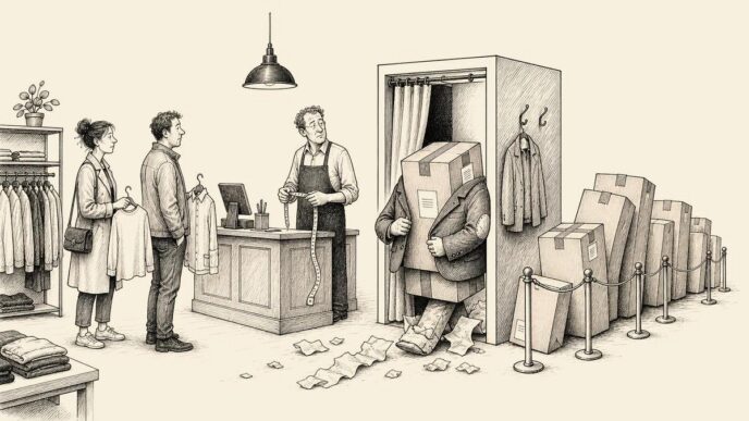A small clothing shop has parcels queuing for the changing room like customers. One parcel comes out wearing a jacket while the shopkeeper and real shoppers wait awkwardly.