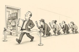 An entrepreneur celebrates crossing a finish line in an office with tidy accounts, while officials and business counterparties wait just beyond it to investigate the records behind him.