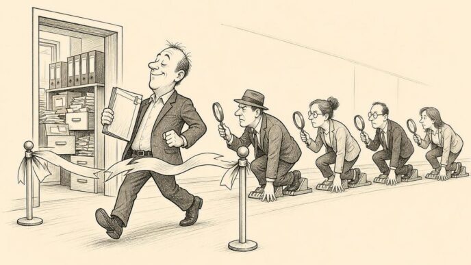 An entrepreneur celebrates crossing a finish line in an office with tidy accounts, while officials and business counterparties wait just beyond it to investigate the records behind him.