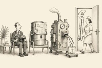 A modest AEX office worker waits in a clinic with a barrel of oil and a coughing factory machine, while a nurse enters holding a giant euro-shaped thermometer.