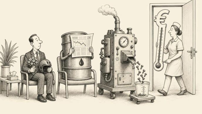 A modest AEX office worker waits in a clinic with a barrel of oil and a coughing factory machine, while a nurse enters holding a giant euro-shaped thermometer.