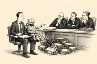 An accountant in a witness chair holds a sleek office-equipment dummy that presents a report, while tangled cables lead to messy files and officials stare at the accountant.
