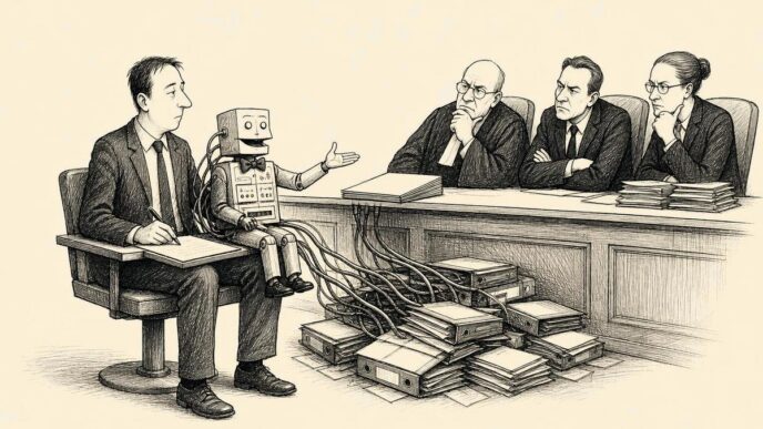 An accountant in a witness chair holds a sleek office-equipment dummy that presents a report, while tangled cables lead to messy files and officials stare at the accountant.
