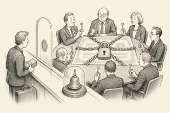 A sober boardroom contains a tiny stock-exchange counter. A buyer waits outside a locked gate, while several participants each hold one key to the same padlock on a fund document. A trading bell sits unusably under glass.
