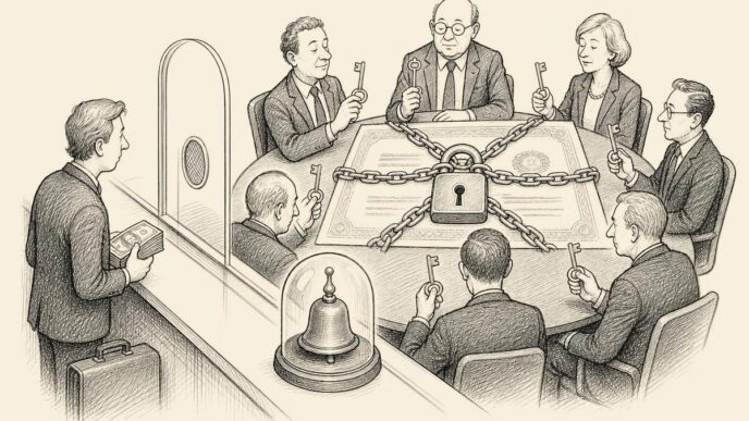 A sober boardroom contains a tiny stock-exchange counter. A buyer waits outside a locked gate, while several participants each hold one key to the same padlock on a fund document. A trading bell sits unusably under glass.