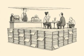 A cramped café interior where the floor is made from neat layers of payslips and has risen almost to the ceiling. The owner bends under the ceiling while customers calmly drink coffee on shortened stools.