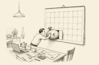 A business owner at a kitchen table tries to squeeze a large refund bag through a tiny flap in a huge calendar, while tax papers and a laptop sit untouched.