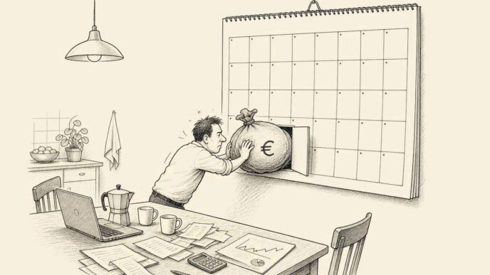 A business owner at a kitchen table tries to squeeze a large refund bag through a tiny flap in a huge calendar, while tax papers and a laptop sit untouched.