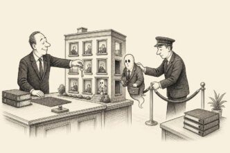 A restrained office scene with a buyer, a property model, and a tax inspector. A ghostly suited figure is being removed from one apartment window while the buyer offers it a key.