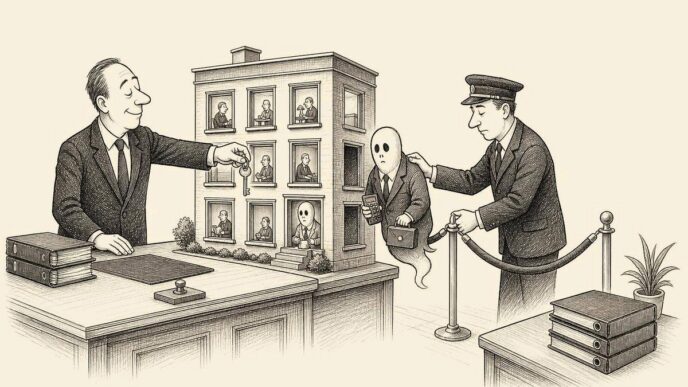 A restrained office scene with a buyer, a property model, and a tax inspector. A ghostly suited figure is being removed from one apartment window while the buyer offers it a key.