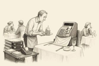A café owner serves receipts to a cash register seated like a restaurant guest, while actual customers wait in the background.