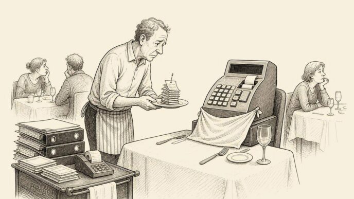 A café owner serves receipts to a cash register seated like a restaurant guest, while actual customers wait in the background.